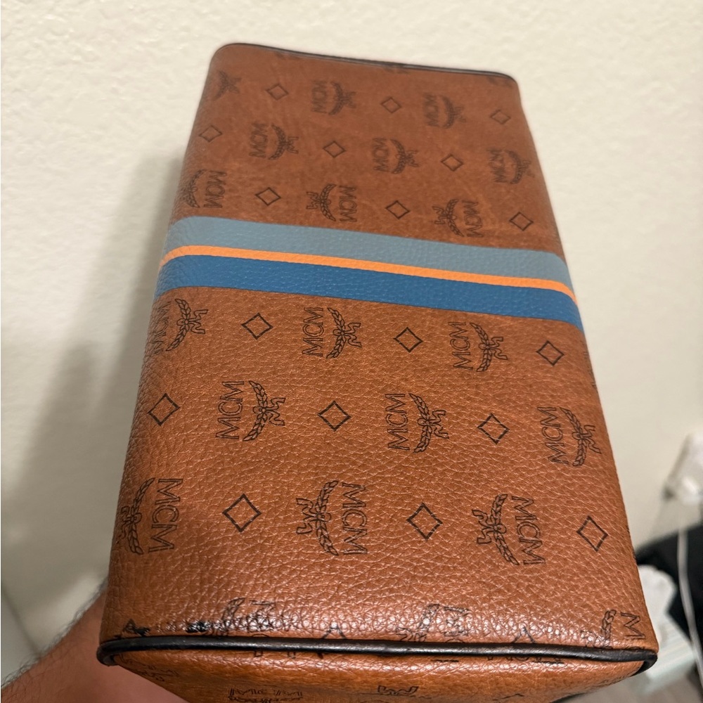 MCM Cognac Visetos Bowling Bag with Blue and Orange Stripe - Picture 3 of 4